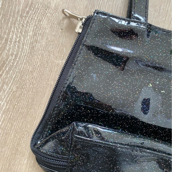 Vintage 90’s Black PVC Shiny Glitter Mini Tote Bag Side Zips - Picture 4 of 8
